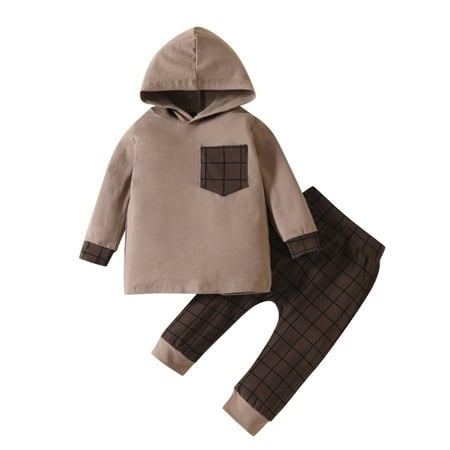 

Child Kids Toddler Baby Boys Girls Long Sleeve Patchwork Hooded Sweatshirt Tops Plaid Pant Trousers Outfit Set Clothes 2PCS Casual Joggers For 12-18 Months