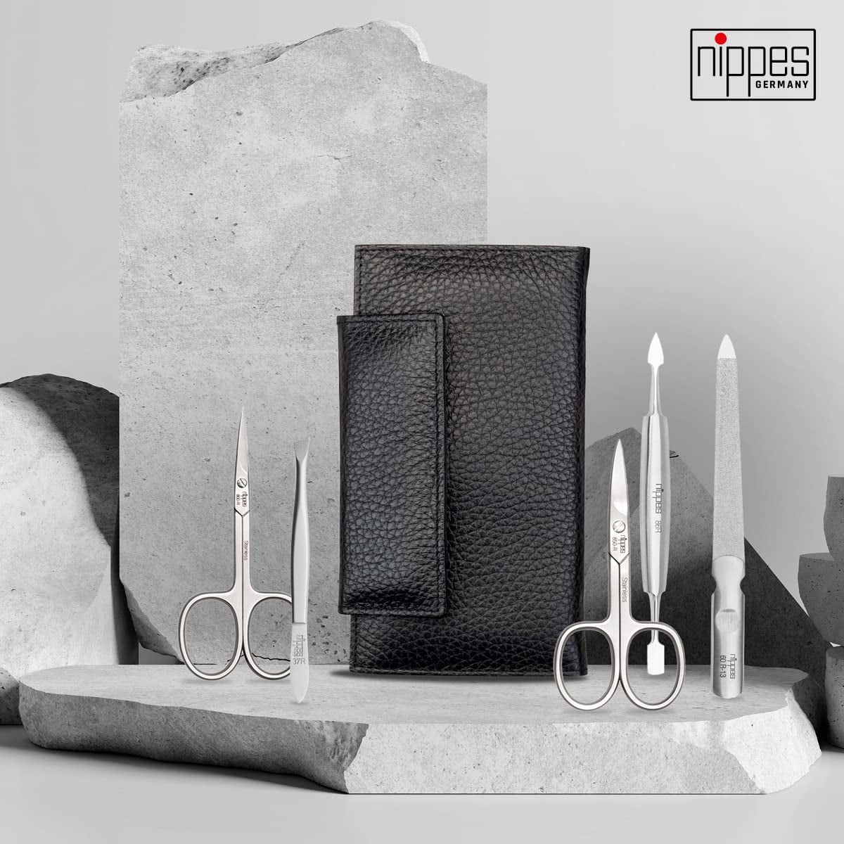 5-Pieces Luxury German Manicure Pedicure Set Premium Stainless Steel Grooming Kit Hand in Genuine Cowhide Leather Case with Bonus Shpitser Crystal Glass Professional Nail File