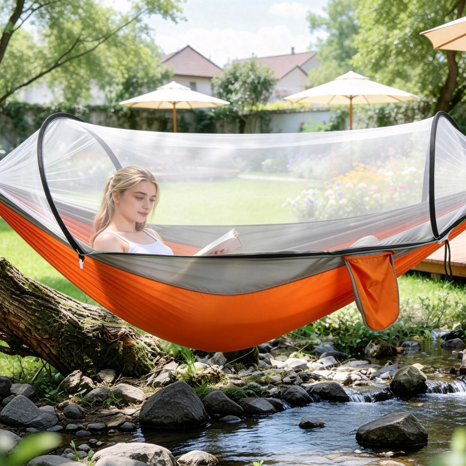 Pop-Up Mosquito Net Camping Hammock 3-in-1 Dual Zipper Hammock Tent, Lightweight 70D Nylon Portable Single Hammock Holds 440LBS with Side Pocket for Hiking Backpacking
