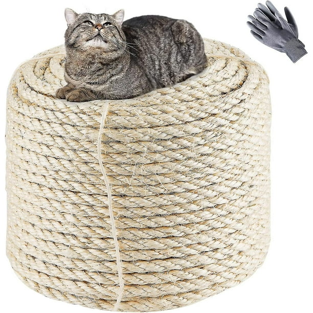 Cuerda De Sisal Natural De 8 Mm X 60 M, Cuerda Vieja De Repuesto Blanca Natural para Gatos con Un Par De Guantes Protectores para Gatos, Rascador, Árbol para Gatos, Maceta