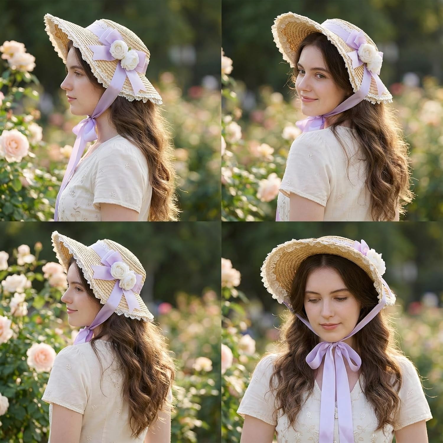 Kukuzhu Women Victorian Tea Party Sun Hat, Lolita Bows Flower Ribbon Flat Straw Hat Summer Beach Bonnet Cap for Travel