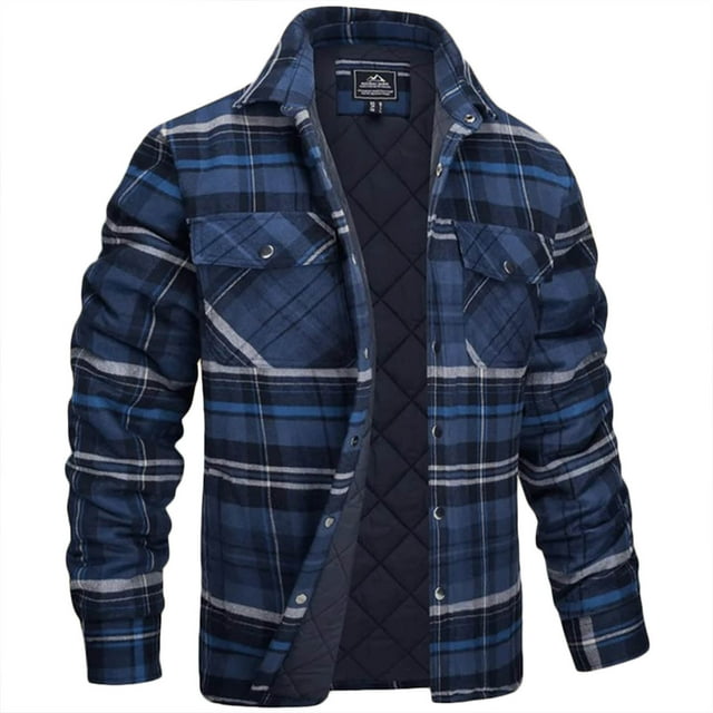 zfhfof Men's Flannel Shirts Jackets Long Sleeve Quilted Lined Snap Button Plaid Jacket Thicken Warm Winter Coat Outwear with Pockets