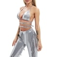 thumbnail image 6 of Women's Long Pants Outfits, Solid Color Halter Bandage Bra Tops + Tassel Decor Pants Shining Set, 6 of 9