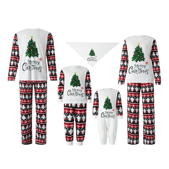 WIFORNT Pyjama de Famille de Noël, Hauts à Manches Longues + Pantalon / Romper / Vêtements pour Animaux de Compagnie, Arbre à Lettres en Vrac