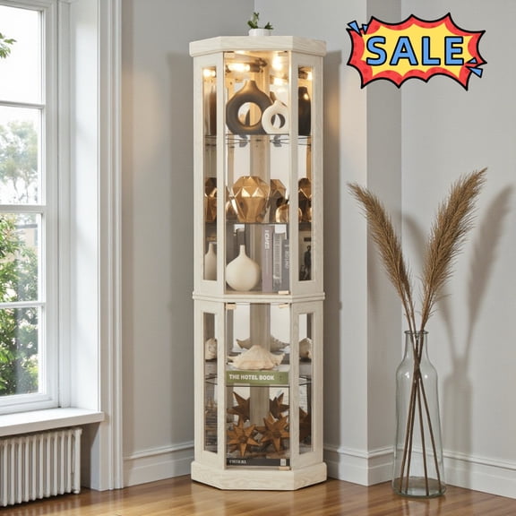 Tcbosik 70" Farmhouse Curio Cabinet with Lights and Tempered Glass Doors, Floor Standing Display Corner Wine Cabinet with Adjustable Shelves for Bar and Liquor Storage, Antique White