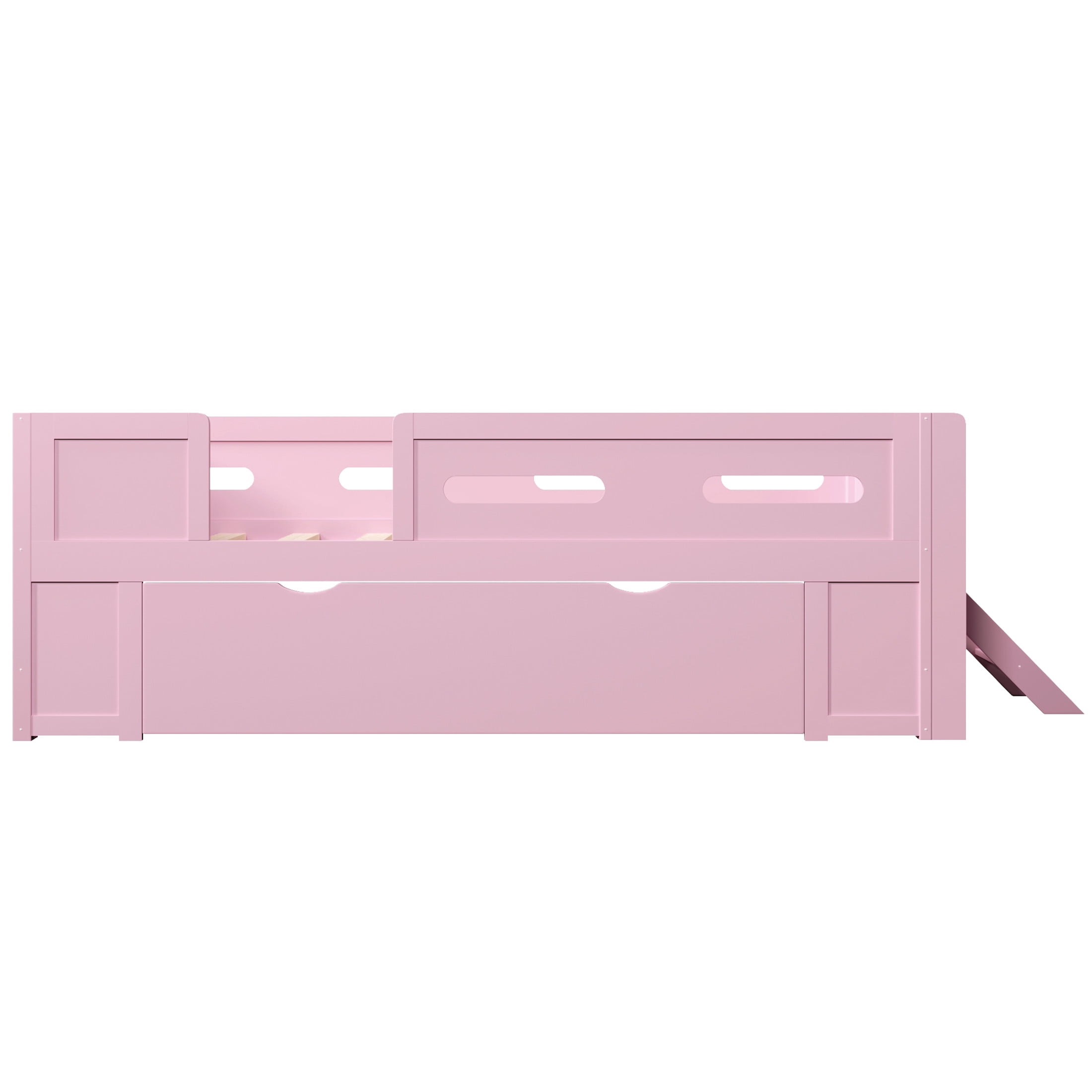 Noble House Genrix Twin Size Pine Wood Platform Bed with Guardrail and Storage Drawer, Kids Bed Frame, Pink