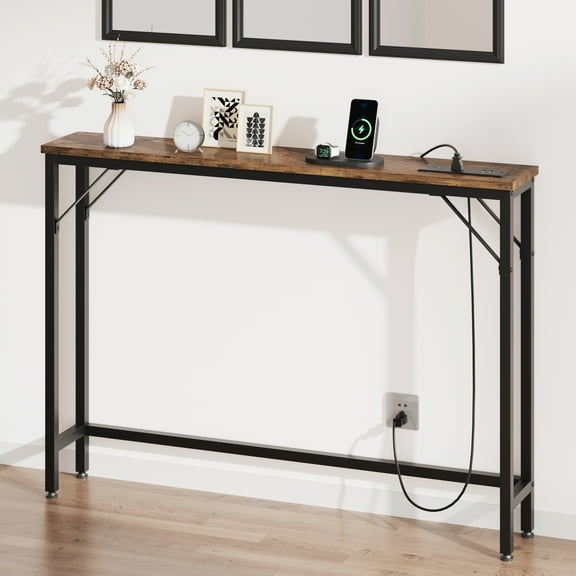 BouPower Skinny Console Table,39.4" Narrow Console Table,Sofa Table with 2 Outlets & 2 USB Ports,Narrow Behind Couch Table for Small Spaces,Living Room
