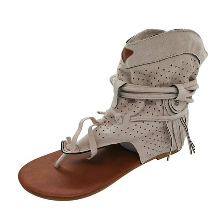 

Ecqkame Women Retro Bohemian Sandals Clearance Ladies Clip Toe Vintage Boots Casual Tassel Fashion Summer Woman Shoes Female Sandalias Beige 41
