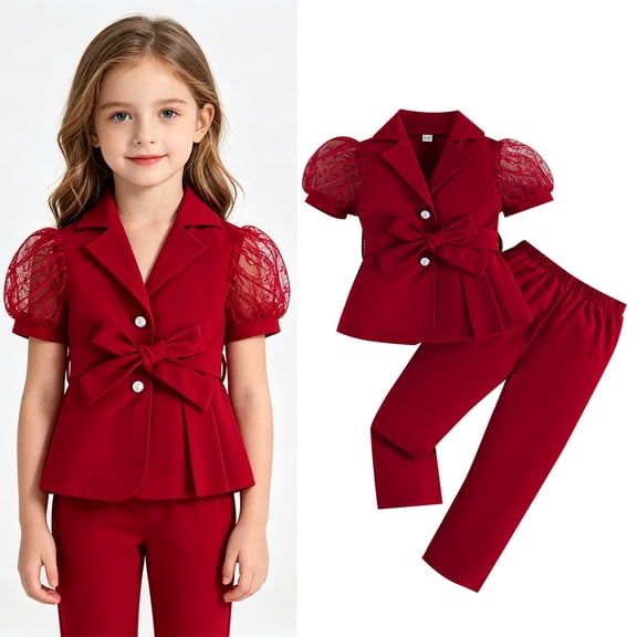 Children's Clothing Girl's Elegant Suit Dot Lace Sleeve Belted Blazer Coat Top and Pants Sets Three Piece Sets For Kids Clothes
