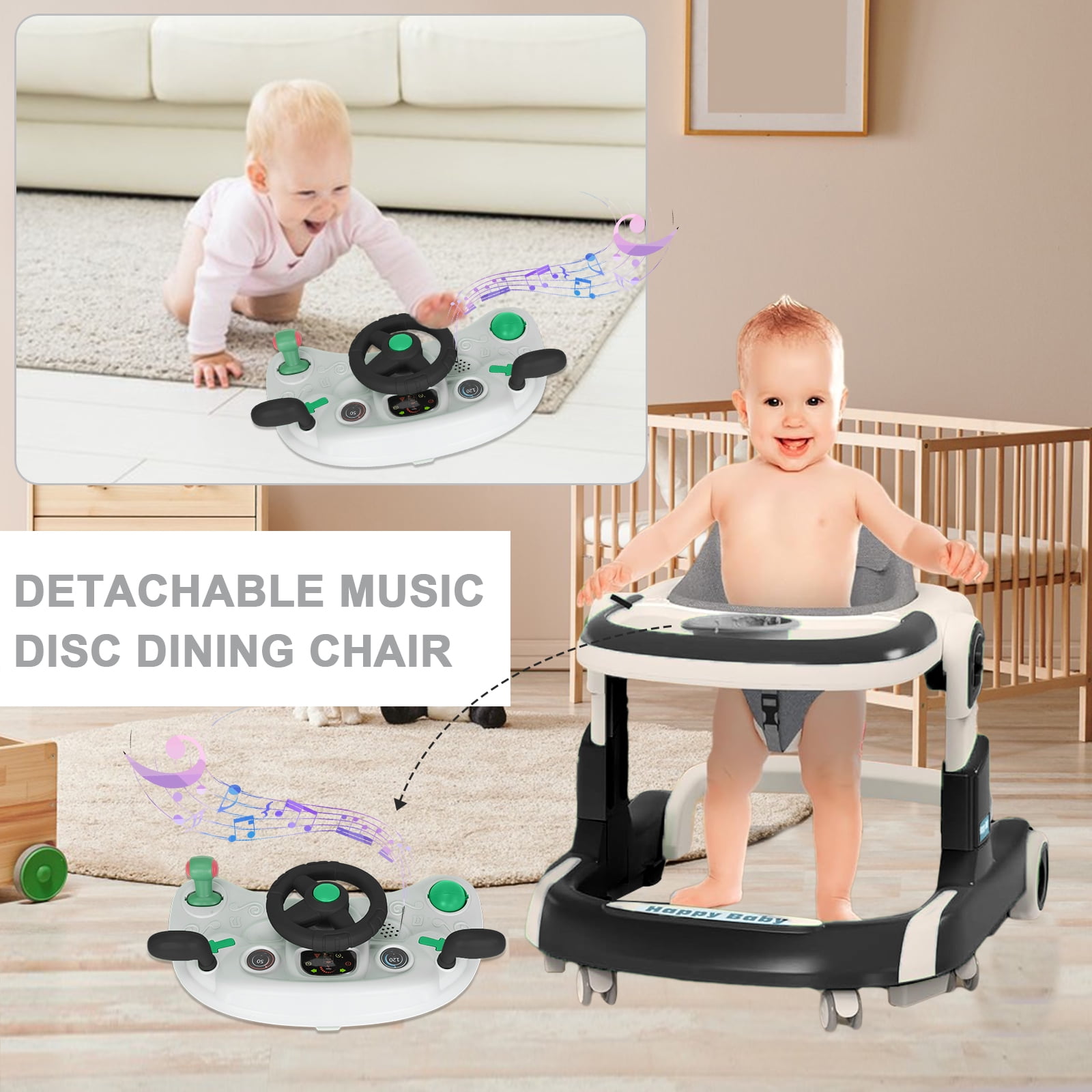 HAOUUCYIN 5-in-1 Baby Walker with Foot Pads/Handles for Girls Boys, Black