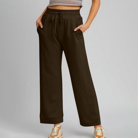 Womens Wide Leg Pants Solid Color Pockets Leggings Fitness and Casual Leggings Cropped Pants Size S-2XL