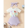 thumbnail image 2 of Suealasg Baby Girl Outfit 3 6 9 12 18 Months Short Sleeve Letter Print Romper+ Elastic Waist Shorts +Headband Newborn Girl Summer Casual Clothes Set 12-18 Months, 2 of 6