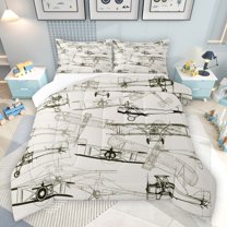jejeloiu Aviation Aircraft Full Size Comforter Sets,Ancient Airplane Pattern Bedding Comforter Set,Light Gray Black Bedding Sets For Teens,Luxury Bedroom Decor,3 Pieces