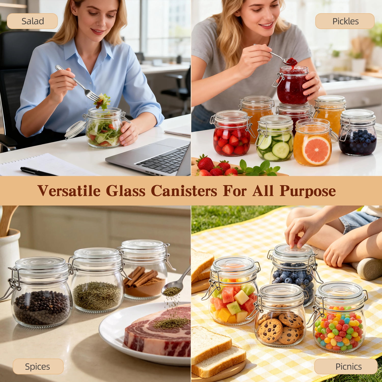 9 Pcs Airtight Glass Jars Set Includes 3 Accessories, TAIMASI 17oz Food Storage Jar with Airtight Clamp Lids, Small Clear Mason Jars for Kitchen Canning, Flour, Cereal