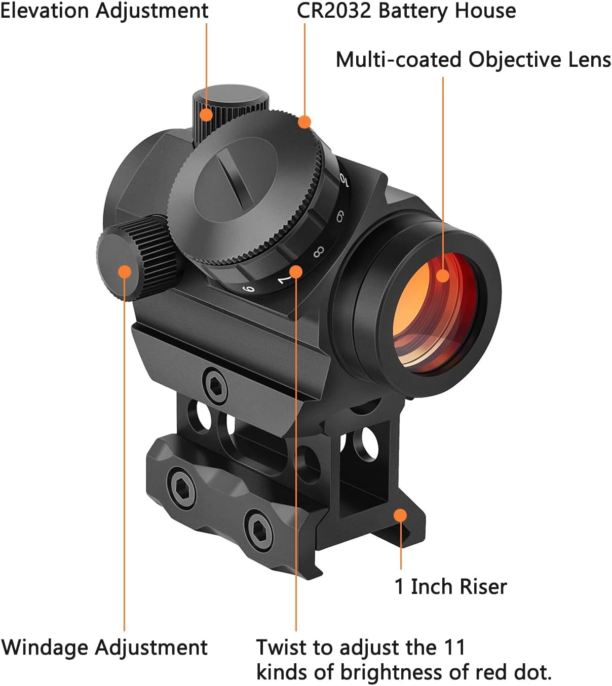 2MOA Red Dot Sight 1x25mm Reflex Sight Waterproof & Shockproof & Fog-Proof Red Dot Scope with 1 inch Riser Mount