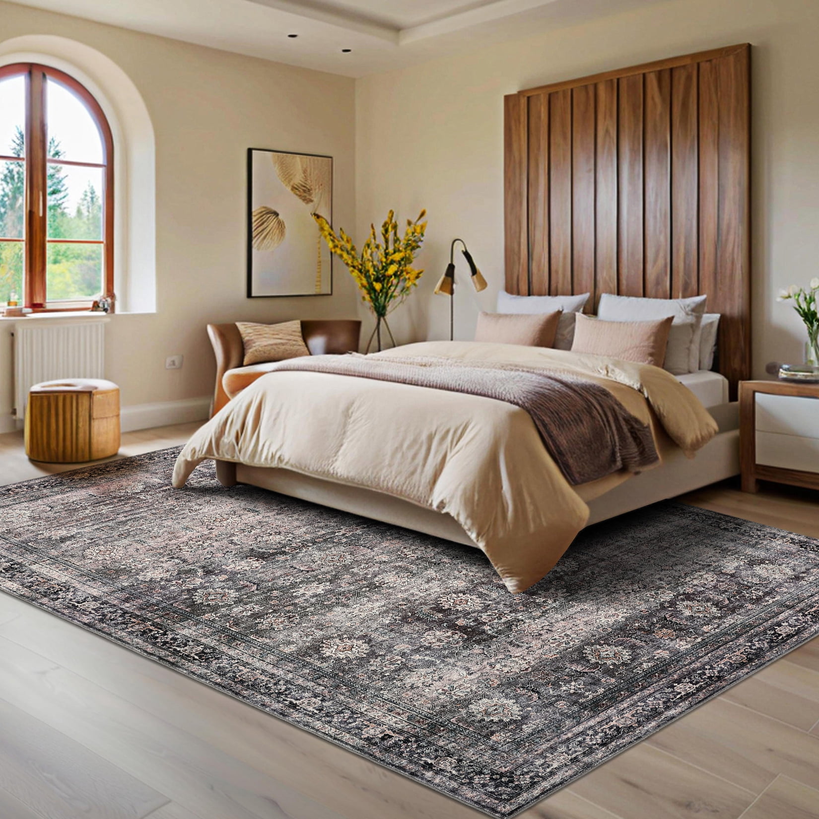Haperlare 8x10 Vintage Printed Area Rugs Washable Accent Rugs, Non Slip Stain-Resistant Oriental Floor Carpet Farmhouse Low Pile Rugs for Living Room Bedroom Office, Green Camel