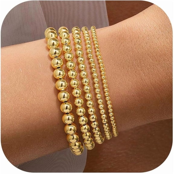 5 PCS Gold Beaded Bracelets Set for Women Teen Girl Gifts Non Tarnish - 14K Gold Plated Dainty Round Bead Ball Pearl Cross Bracelet Stack for Women Teenage Girls Stackable Jewelry Christmas Gifts