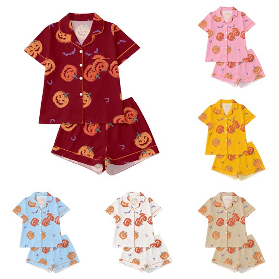 FYDUU Halloween Girls Pajamas Set Pumpkin Print Short Sleeve Top and Shorts Kids Sleepwear Holiday Pajama Sets for Girls Daily Loungewear 13-14 Years