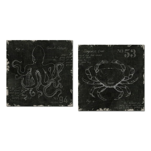 Nautical Black and White Crab and Octopus Adult Coastal Decor; 2 - 12" x 12" Unframed Posters