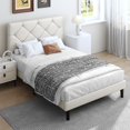thumbnail image 2 of SYNGAR Twin Bed Frame with Upholstered Faux Leather Adjustable Headboard, Platform Bed Frame with Wood Slats Support, Noise-Free, Easy Assembly, No Box Spring Needed, Modern White Bed Frame, 2 of 12