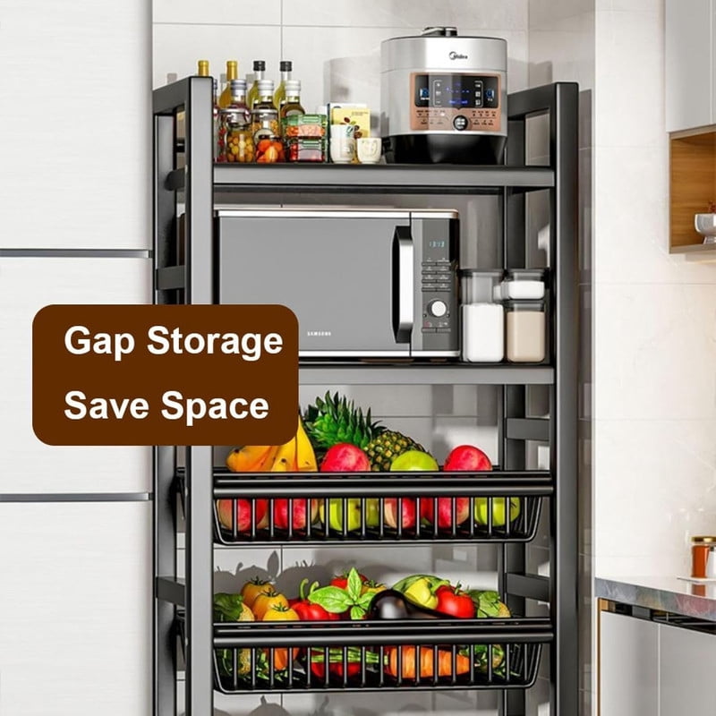 3-Tier Kichen Storage Shelf with Wire Baskets, Multifunctional Utility Serving Cart Kitchen Organizer Rack with Pulley for Vegetable Fruit Storage