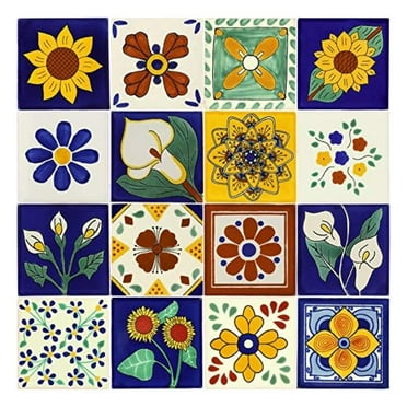 Tile Set - Sixteen (16) 4¼ x 4¼ in. Ceramic Mexican Tiles - Talavera