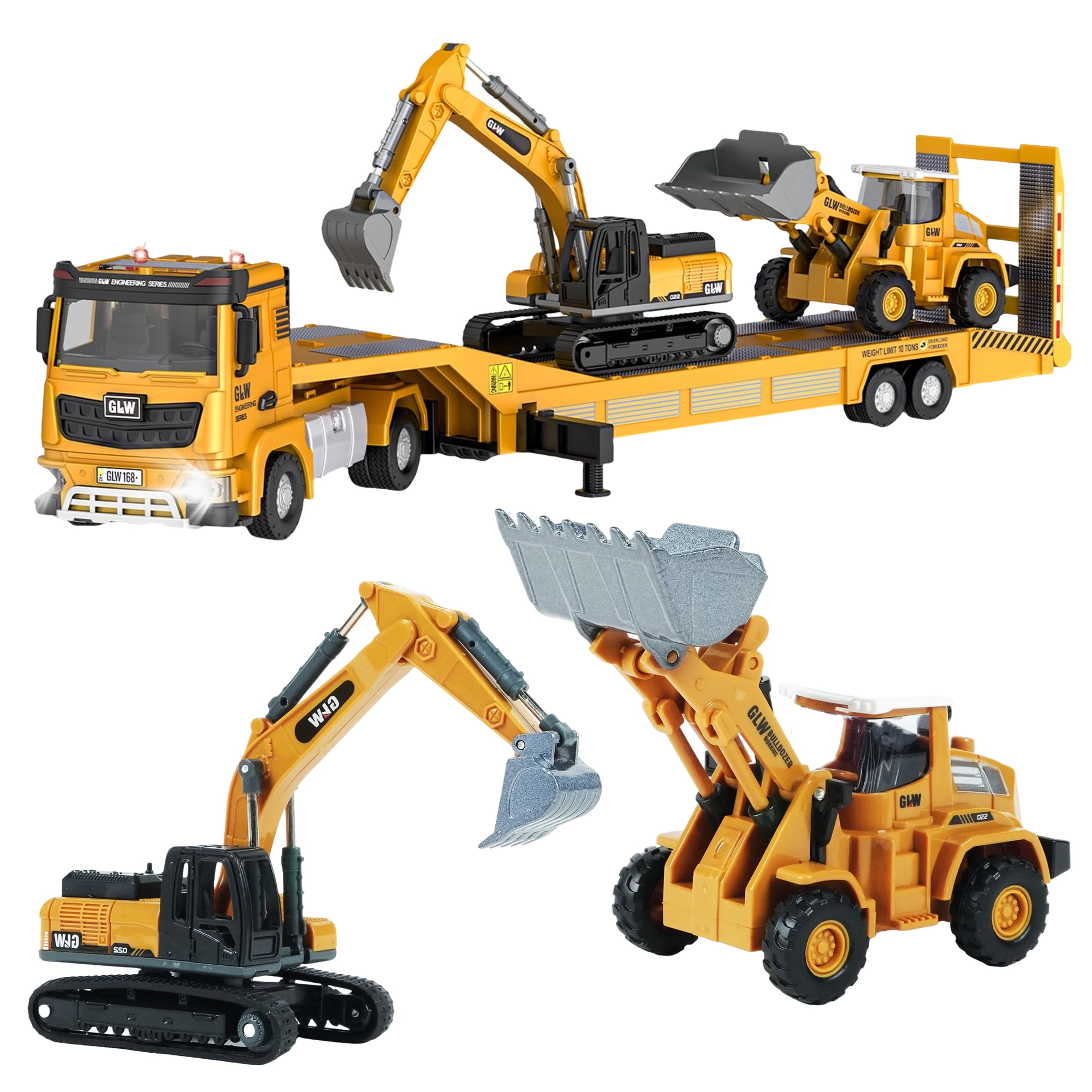 JBeeCtrl Construction Toys Set w/Semi Truck, Excavator, Bulldozer Alloy Engineering Construction Vehicles Truck Toys w/Lights & Sounds Christmas Birthday Gifts for Boy Toys for 3 4 5 6 7 Years Old