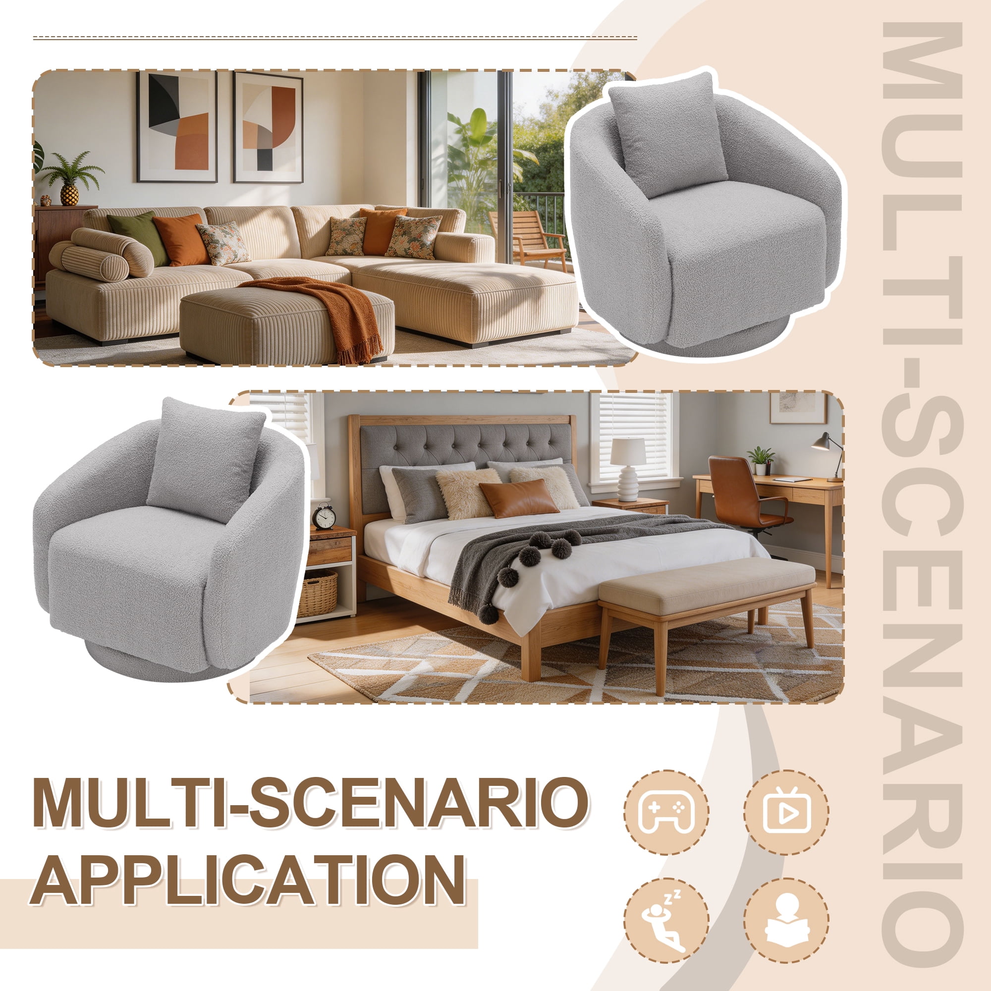 MAYEERTY 28.5" Gray Teddy 360° Swivel Barrel Accent Chair, 300LBS Solid Wood Frame Small Armchair with Pillow for Bedroom Kids Room