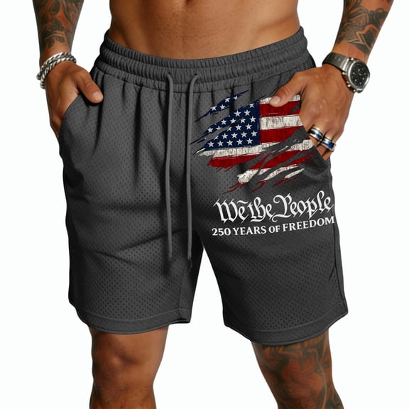 Fabrcox 1776-2026 250 Anniversary USA Shorts Mens Flag Print 4th July Shorts Men Lightweight Beach Celebration Mens Patriotic Shorts with Pockets Gray XXL