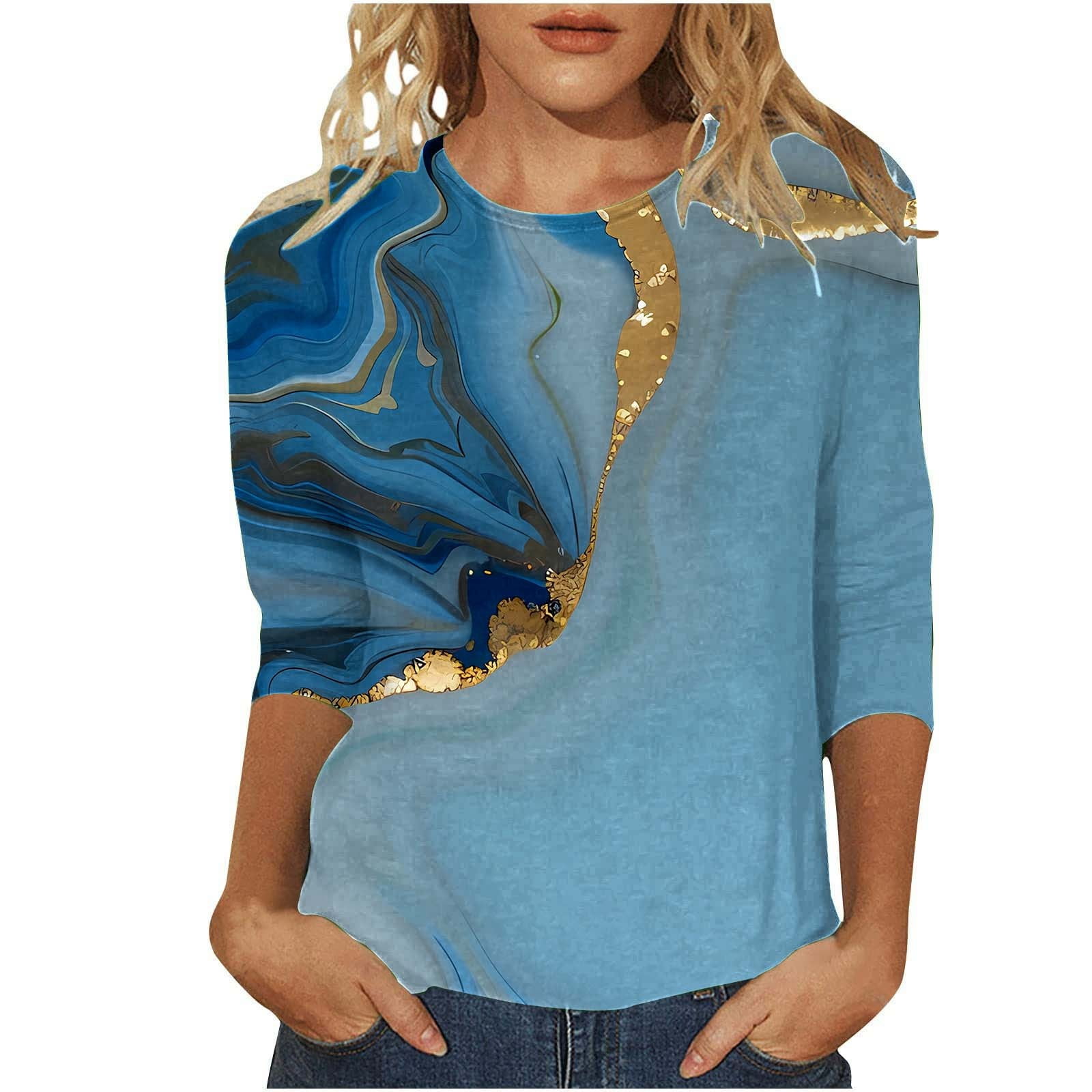 Womens Shirt Turtle Neck T Shirts for Women Women s Fashion Casual Gradual Change Pattern Sport Round Neck T Shirt Adult Female Clothes Sky Blue Size