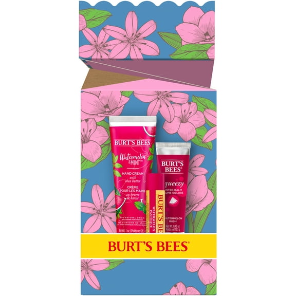 Burts Bees Youre One in a Melon Gift Set, Watermelon and Mint Hand Cream, Watermelon Lip Balm and Watermelon Rush Squeezy Tinted Lip Balm