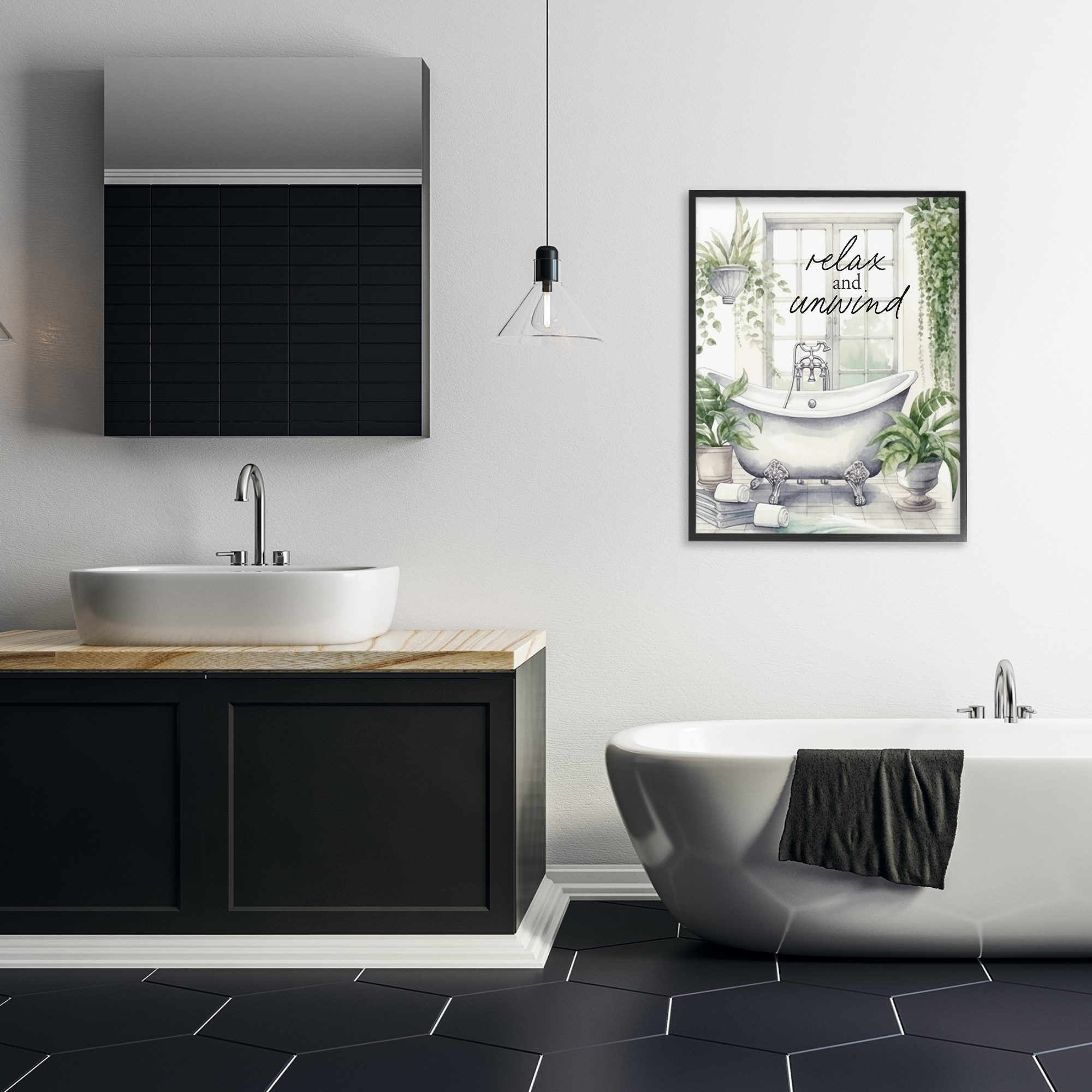 Relax Unwind Bath & Foliage Black Framed Giclee Art, design by Lettered and Lined
