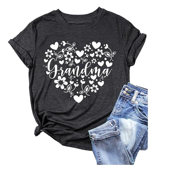 XIAONU Womens Crew Neck Tee Short Sleeve Grandma Heart Floral Graphic Top Soft Breathable Casual Daily Summer T Shirts