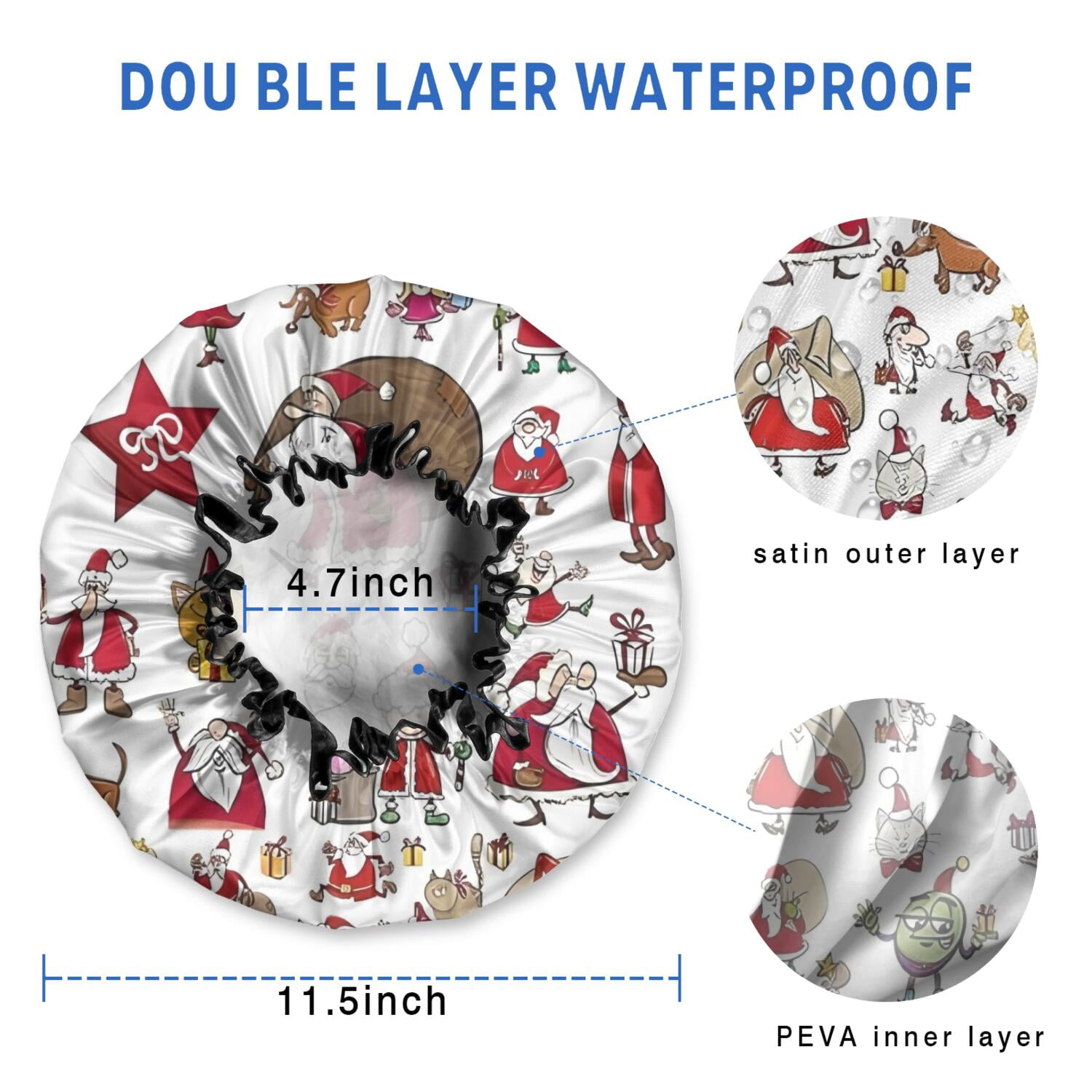 Shower Caps,White Christmas Santa and Character Pattern Waterproof Shower Cap for Women 4 Pieces,Double Reusable Hair Cover for Shower PEVA Elastic Stretch Hem