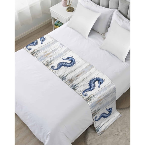 Xipuska Coastal Seahorse Bed Runners for Queen Size Bed, Decorative Bed Throws for Foot of Bed, Vintage Summer Beach Botanical Bed Runner Sofa Throw Bedding Scarf Protector Slipcover/Hotel