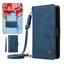 Dteck Crossbody Wallet Case for iPhone 15,Magnetic Leather Card Slots Zipper Wallet Kickstand Heavy Duty Lanyard Strap/Shoulder Strap Cover,Blue