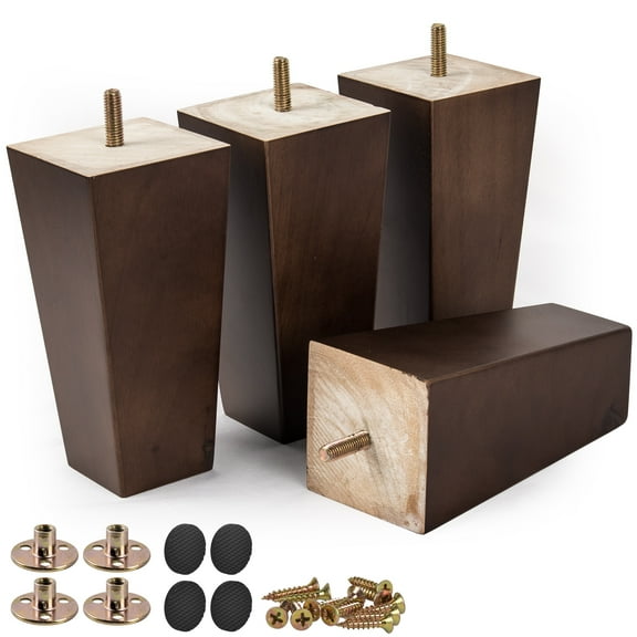 6 Inch / 15cm Solid Wood Furniture Legs, Btowin VCF 4Pcs Walnut Mid-Century Modern Wooden Pyramid Replacement Feet with Threaded 5/16''Hanger Bolts & Mounting Plate & Screws for Sofa Couch Chair