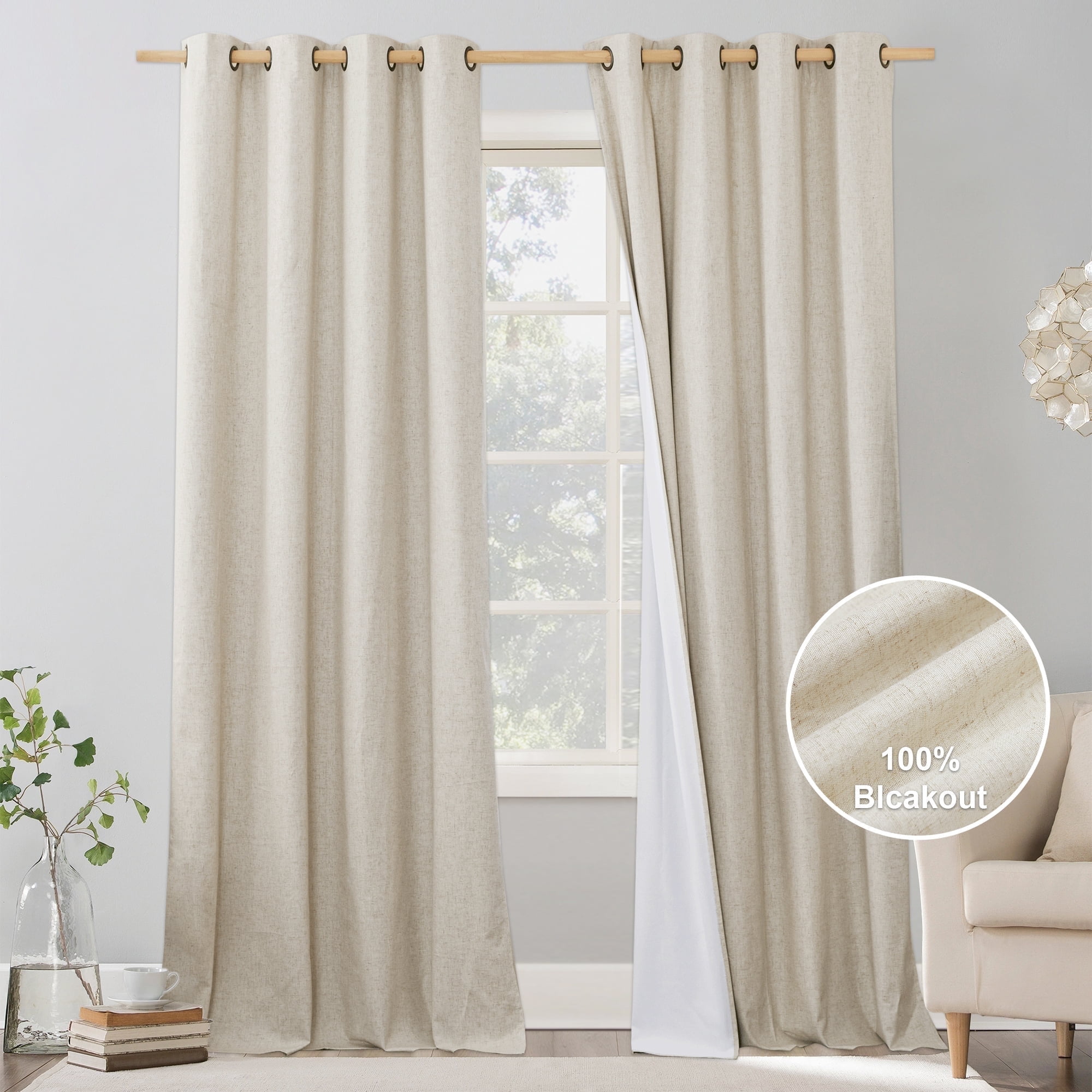 NICETOWN Natural Textured Linen 100% Blackout Curtains for Living Room 84 inches Long 52" Wide, 2 Panels, Energy Saving Noise Reduction Window Treatment Curtains with White Liner