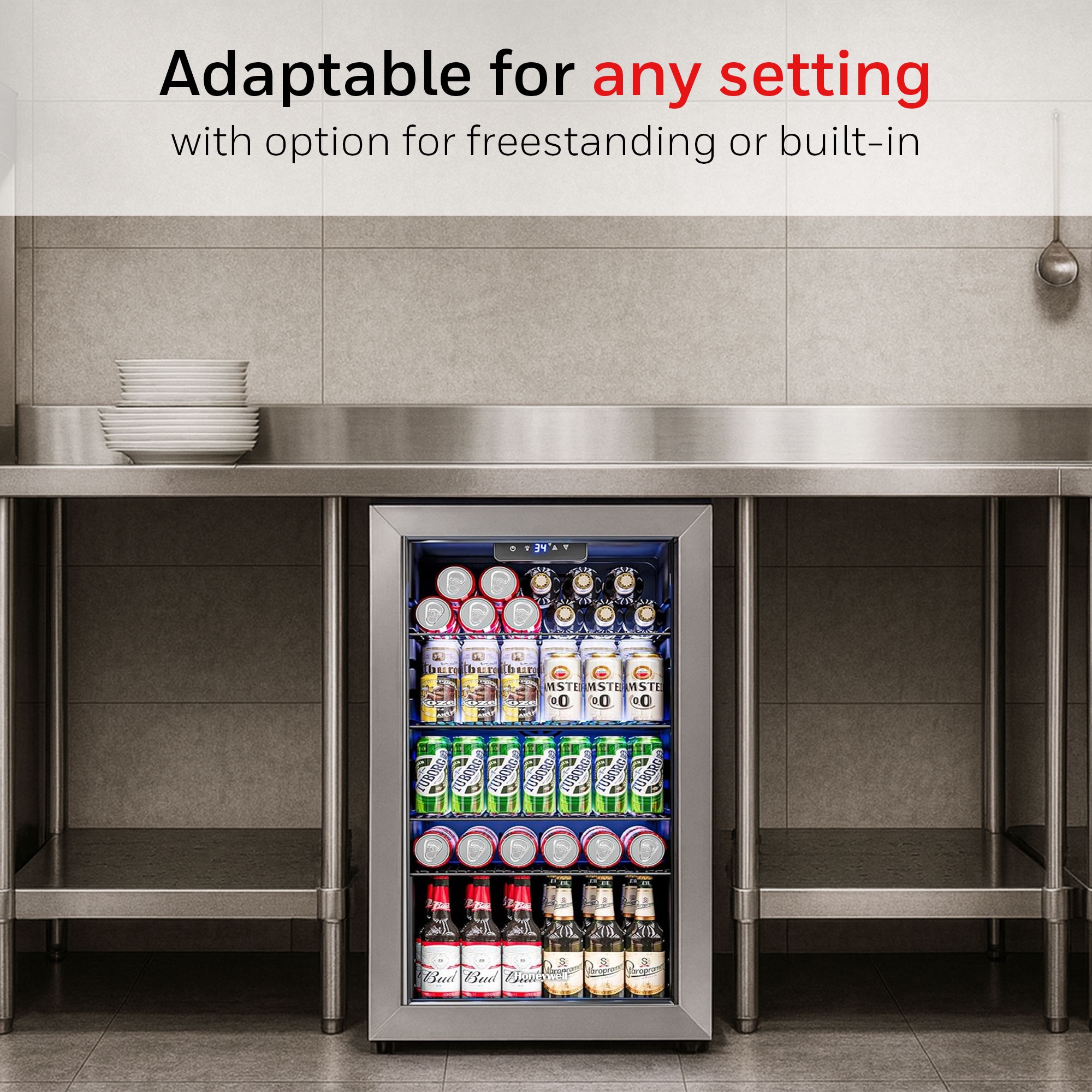 Honeywell Beverage Refrigerator and Cooler, 116 Can Mini Fridge with Glass Door for Soda Beer or Wine for Office or Bar with Adjustable Removable Shelving