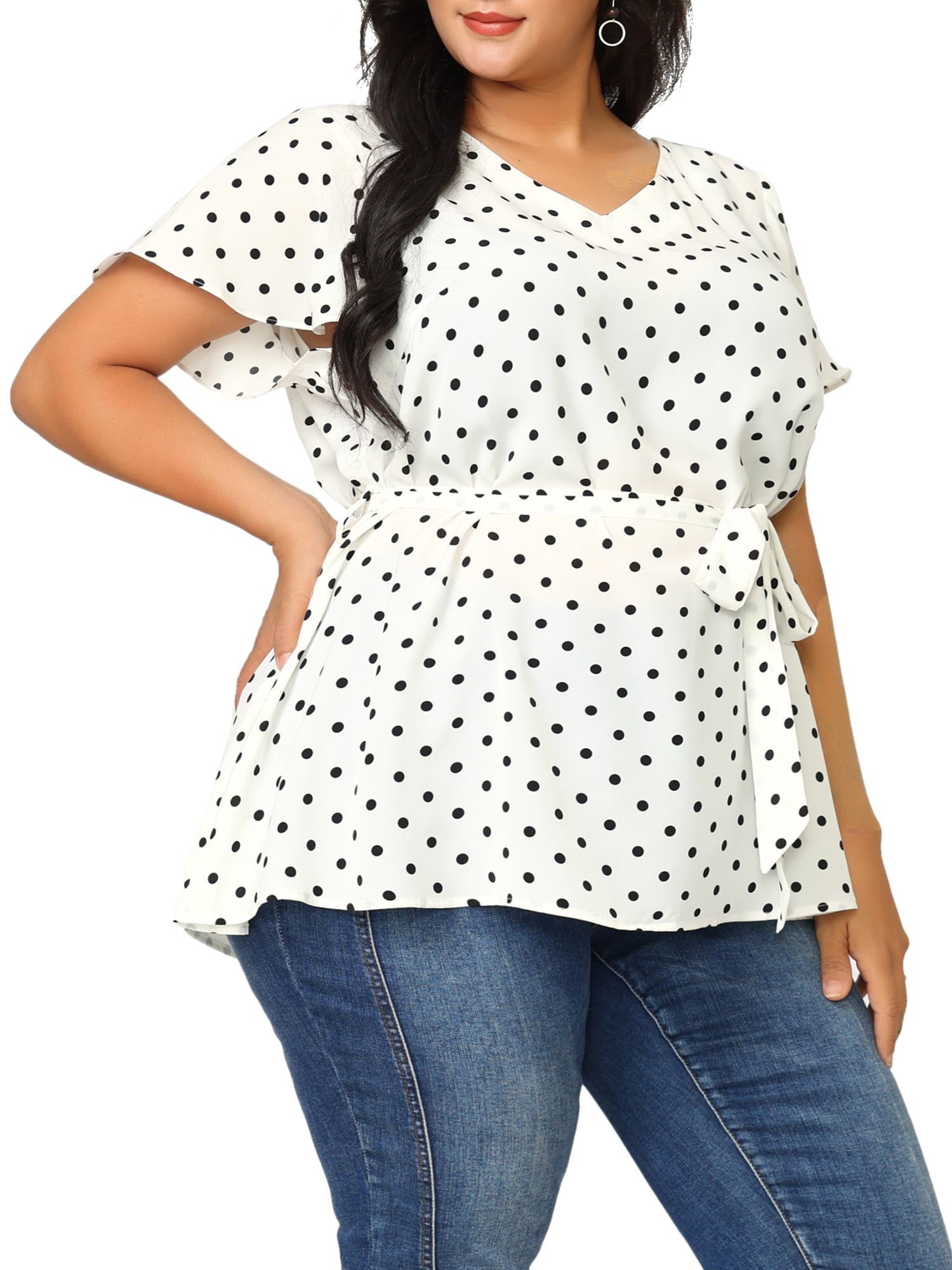 Unique Bargains Women's Plus Tops V Neck Tie Waist Polka Dots Ruffle Short Sleeve Blouse 4X White