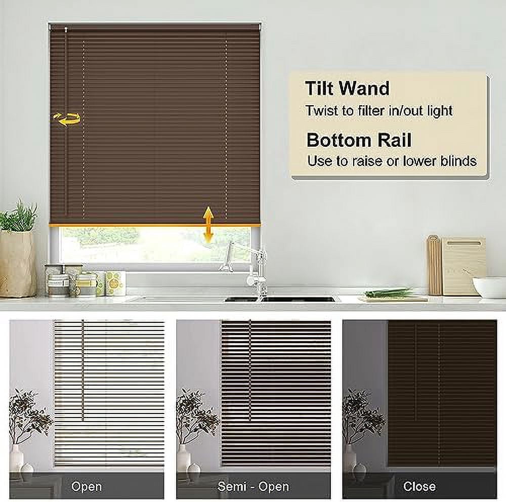 No Tools No Drill 1" Vinyl Mini Blinds, Cordless Blinds for Windows, Light Filtering Horizontal Window Blinds & Shades, 26" W x 64" H, Mahogany