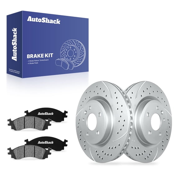 AutoShack Front Brake Rotors & Ceramic Pads for Ford, Taurus 2010-2012, AWD V6 3.5L - Coated Drilled & Slotted - Silver Matte Finish - TurboGuard - 12.8" (325 mm), 5-Lug