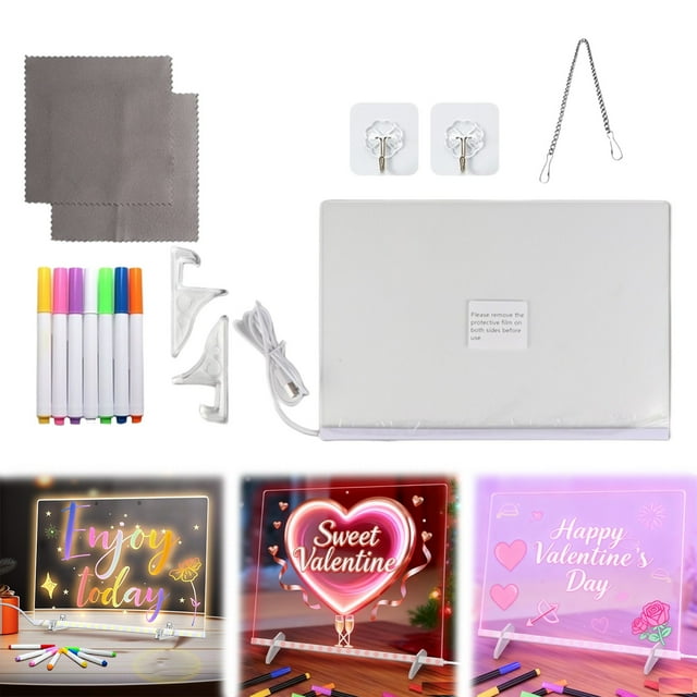Diy Colorful Wired Message Board 30*20Cm Package D,7 Color Led Notepad Acrylic Board with Light 4 Led Drawing and Writing Board Marker Pen Lighting Rewritable Memo Board 5Ml