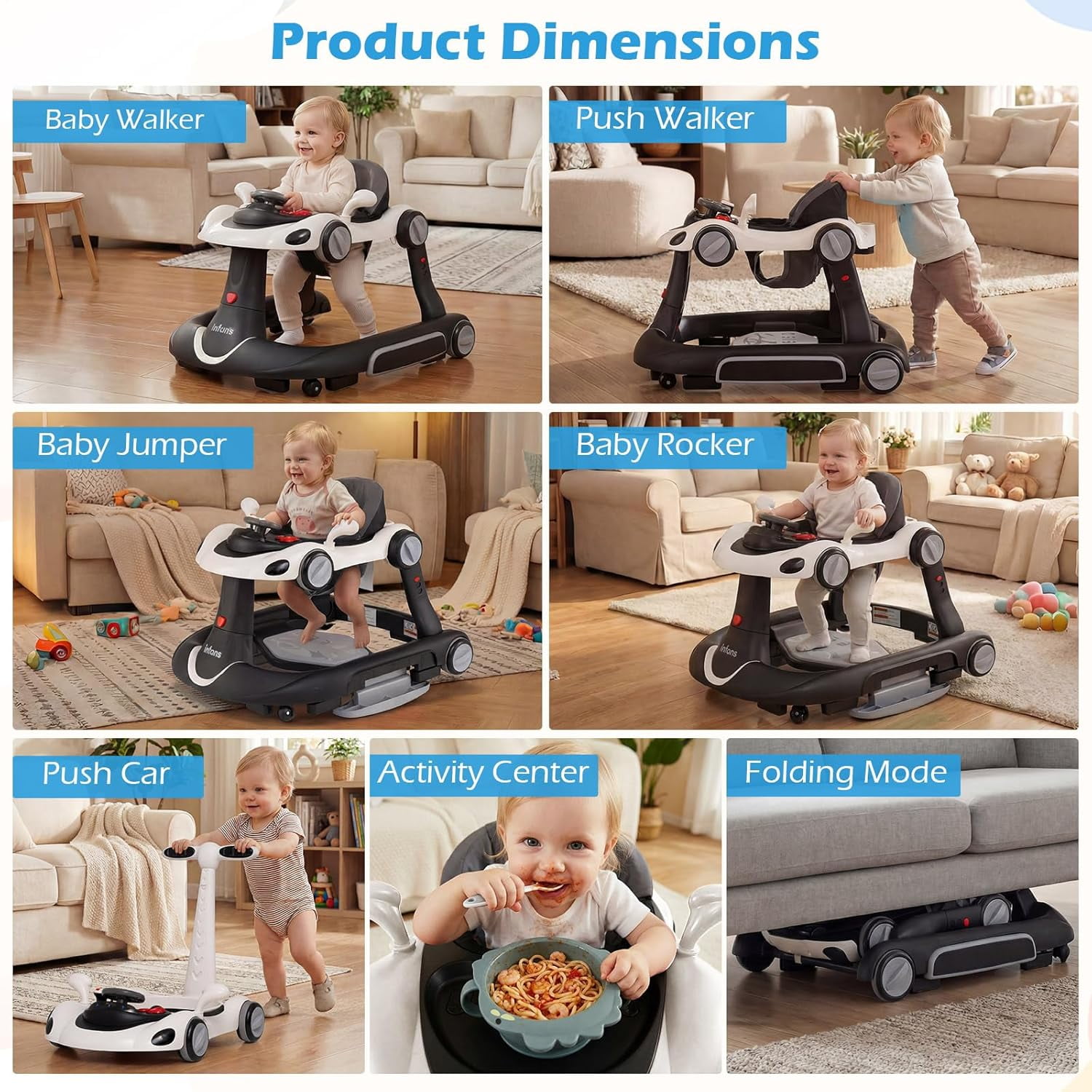 INFANS 6-in-1 Baby Walker, Converts Push Car to Bouncer, Rocker with Music, Lights, Adjustable Height & Speed, Activity Center, Canopy for 7-18 Months