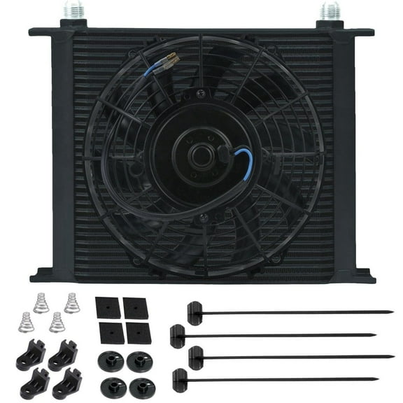 34 Row Aluminum 6-8-10 AN Engine Transmission Cooler Electric Fan Kit