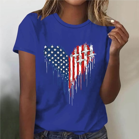 Mifsaly Heart American Flag Graphic Tee Women Crewneck Short Sleeve Summer Top Soft Stretchy Loose Fit Patriotic Shirt Vacation Daily Wear 4Th Of July T-Shirt S
