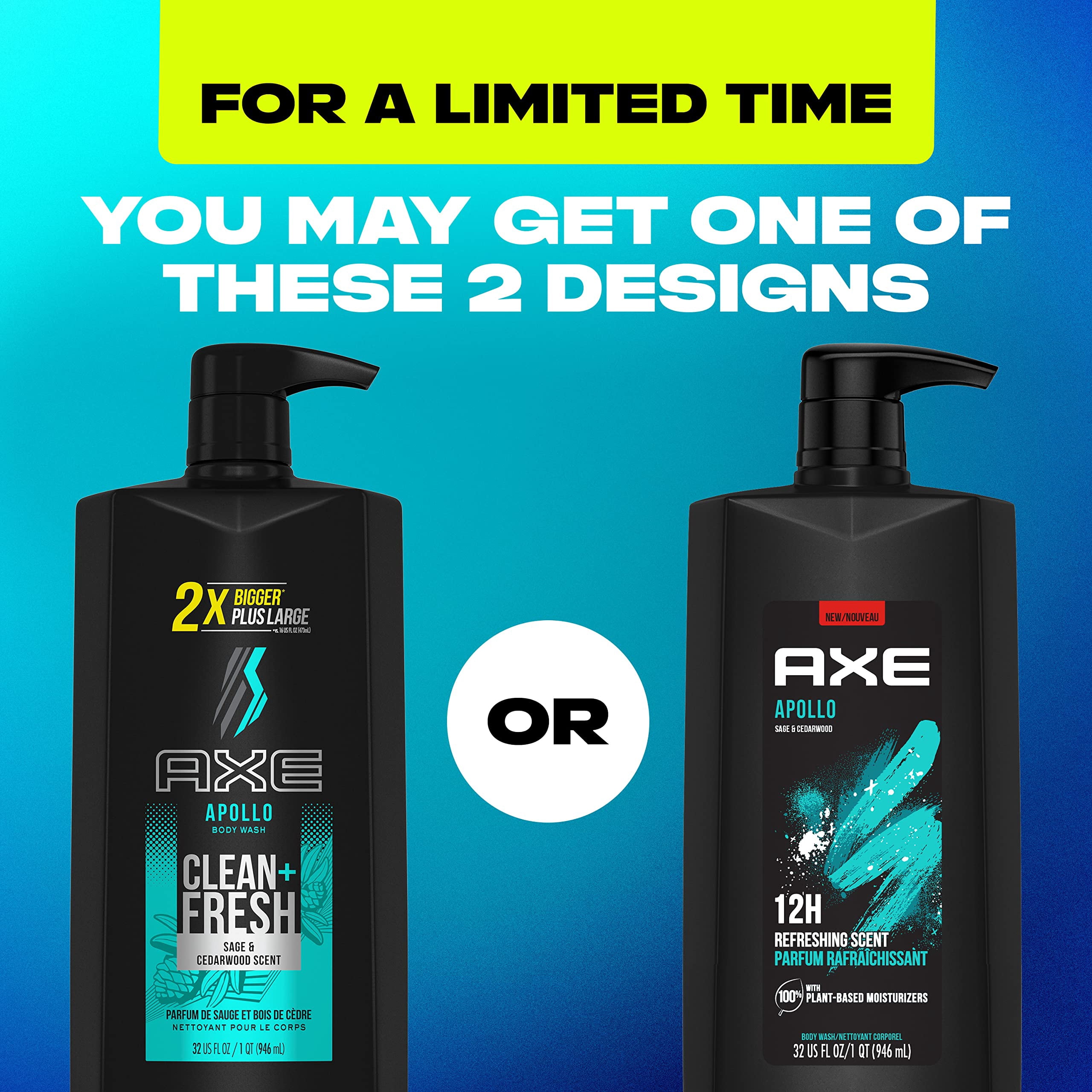 Axe Body Wash All-Day Fresh Shower Gel Apollo Sage & Cedarwood Men,S Body Wash With Odor-Busting Prebiotics 32 Oz Pump