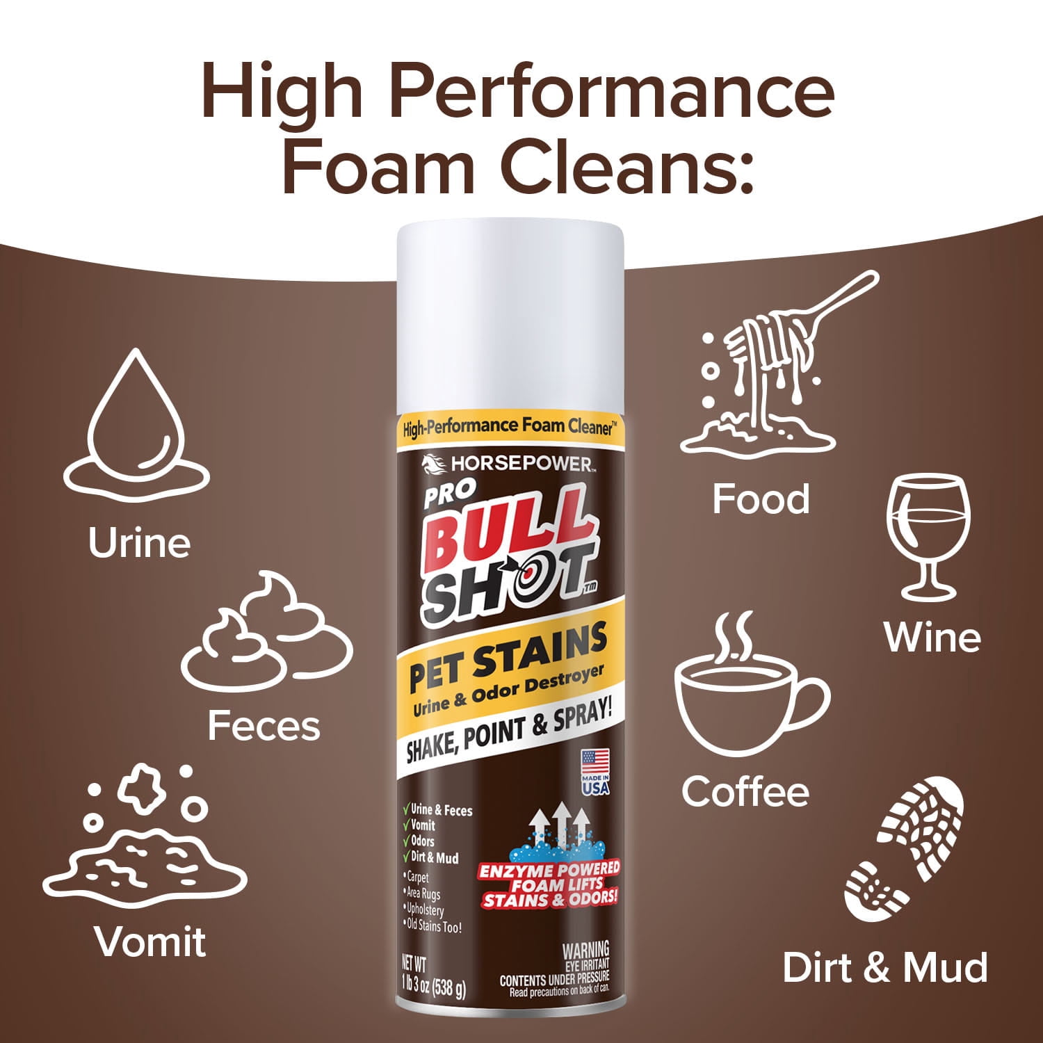 Bull Shot Pet Pro Enzyme Stain & Odor Remover, Professional Strength Foam Eliminates Urine, Vomit & Pet Messes on Carpet & Rugs