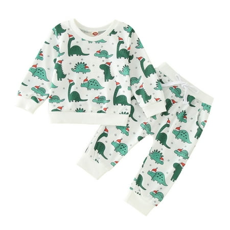 

Toddler Winter Long SleeveGreen Dinosaur Printed Tops Pants Trousers Boys 2pcs Suit Outfits Outwear