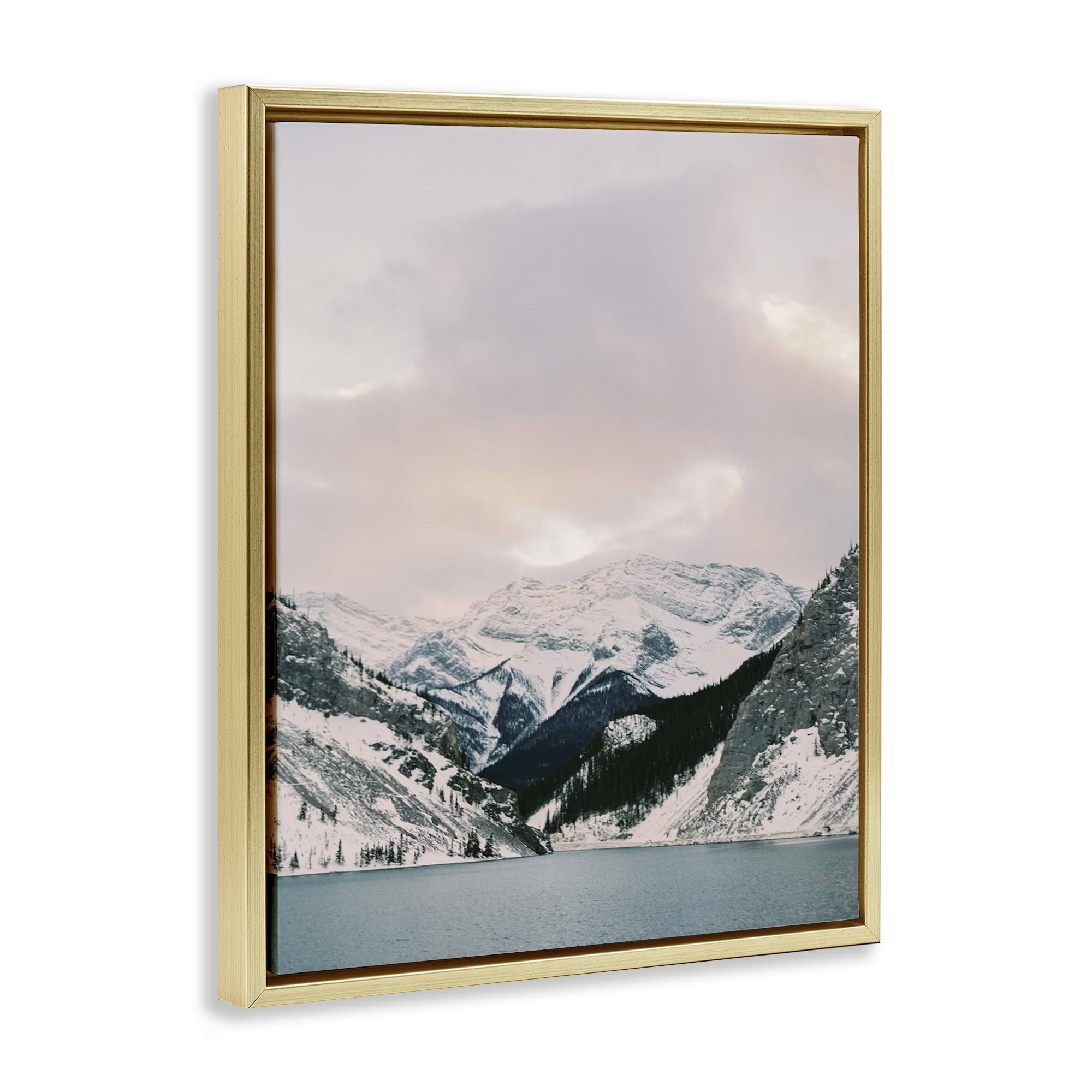 Stupell Industries Snowy Peaks Seascape Landscape Photography Gold Floater Framed Art Print Wall Art, 25 x 31